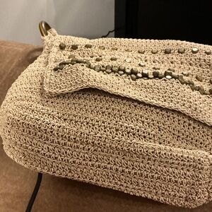 Woven Straw Crossbody Bag in Beige with Stud Detail